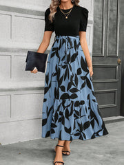 Clasi Fashionable Printed Spliced Puff Sleeve Long Dress For Summer