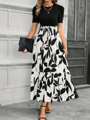 Clasi Fashionable Printed Spliced Puff Sleeve Long Dress For Summer