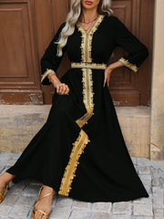 Unity Women's V-Neck Long Patchwork Belted Maxi Dress