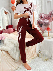 Women's Bow Knot Print Round Neck Short Sleeve White T-Shirt And Pants Pajama Set