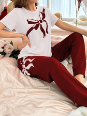 Women's Bow Knot Print Round Neck Short Sleeve White T-Shirt And Pants Pajama Set