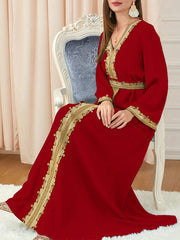 Unity Women's V-Neck Long Patchwork Belted Maxi Dress