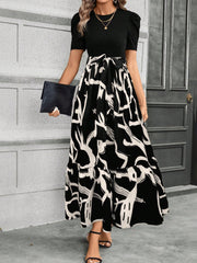 Clasi Fashionable Printed Spliced Puff Sleeve Long Dress For Summer