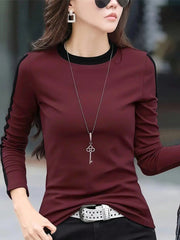 Essnce Women's Spring/Summer Loose Fit Casual Round Neck Color Block Long Sleeve T-Shirt