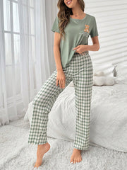 Bear Printed Short Sleeve Top With Grid Pants Sleepwear Set Pajama Set, Spring/Summer