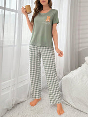 Bear Printed Short Sleeve Top With Grid Pants Sleepwear Set Pajama Set, Spring/Summer