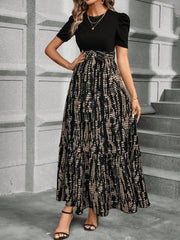 Clasi Fashionable Printed Spliced Puff Sleeve Long Dress For Summer