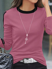 Essnce Women's Spring/Summer Loose Fit Casual Round Neck Color Block Long Sleeve T-Shirt