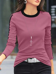 Essnce Women's Spring/Summer Loose Fit Casual Round Neck Color Block Long Sleeve T-Shirt