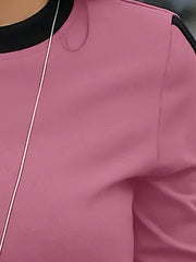 Essnce Women's Spring/Summer Loose Fit Casual Round Neck Color Block Long Sleeve T-Shirt