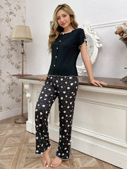 Button Decorated False Placket Short Sleeve Top And Daisy Printed Pants Pajama Set