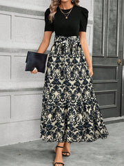 Clasi Fashionable Printed Spliced Puff Sleeve Long Dress For Summer