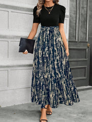 Clasi Fashionable Printed Spliced Puff Sleeve Long Dress For Summer