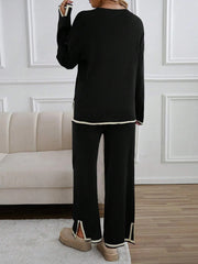Holiday Leisure Color-Blocking Edging Long Sleeve Top Long Pants Sweater Set
