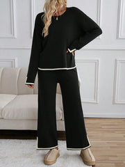 Holiday Leisure Color-Blocking Edging Long Sleeve Top Long Pants Sweater Set