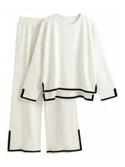 Holiday Leisure Color-Blocking Edging Long Sleeve Top Long Pants Sweater Set