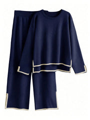 Holiday Leisure Color-Blocking Edging Long Sleeve Top Long Pants Sweater Set