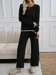Holiday Leisure Color-Blocking Edging Long Sleeve Top Long Pants Sweater Set