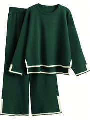 Holiday Leisure Color-Blocking Edging Long Sleeve Top Long Pants Sweater Set