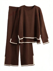 Holiday Leisure Color-Blocking Edging Long Sleeve Top Long Pants Sweater Set