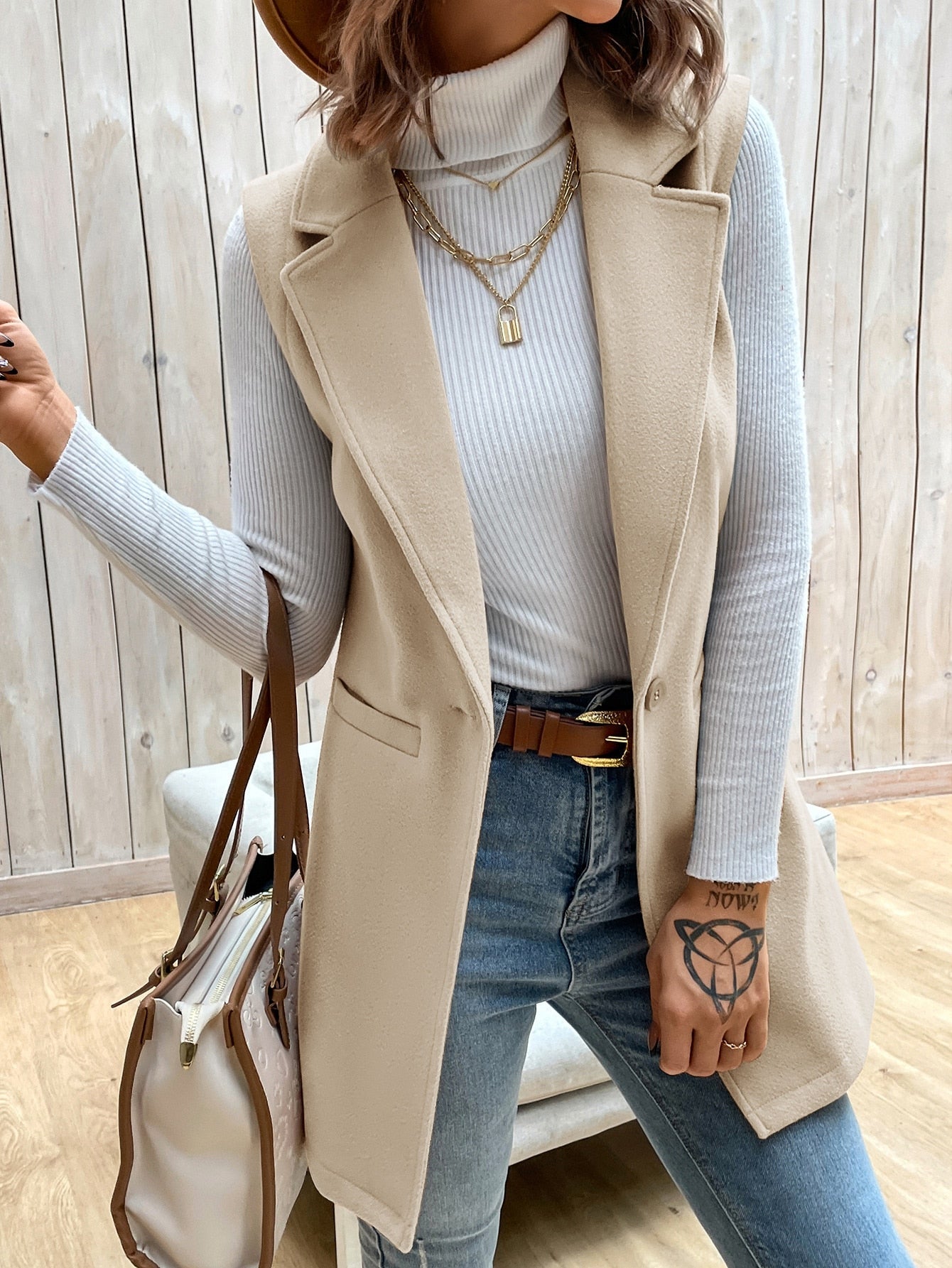 BIZwear Solid Lapel Neck Vest Overcoat Workwear - WestLine Apparel