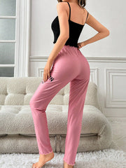 Black Eyelash Lace Trimmed Tank Top And Pink Drawstring Waist Pants Pajama Set - WestLine Apparel