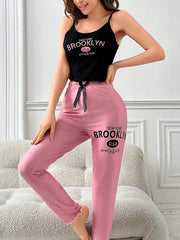 Black Eyelash Lace Trimmed Tank Top And Pink Drawstring Waist Pants Pajama Set - WestLine Apparel