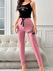 Black Eyelash Lace Trimmed Tank Top And Pink Drawstring Waist Pants Pajama Set - WestLine Apparel