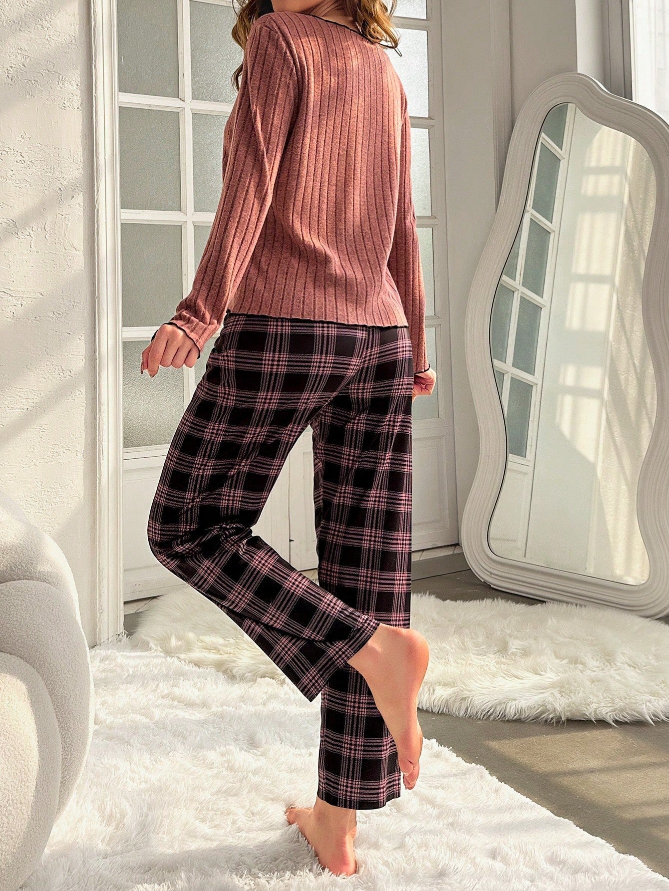 Bow Knot Detail Lettuce Edge Plaid Pajama Set - WestLine Apparel