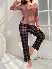 Bow Knot Detail Lettuce Edge Plaid Pajama Set - WestLine Apparel