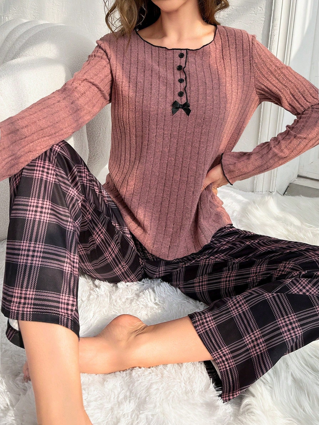 Bow Knot Detail Lettuce Edge Plaid Pajama Set - WestLine Apparel