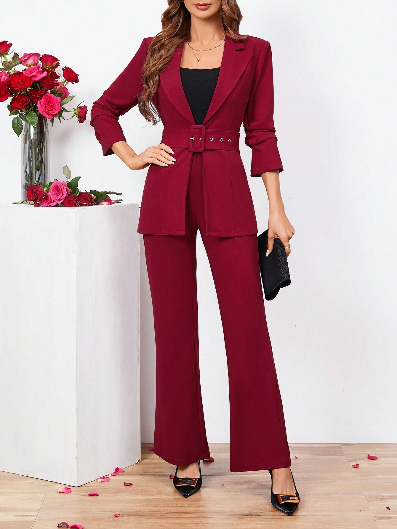 Clasi Ladies Belted Three-quarter Sleeve Suit With Pleats - WestLine Apparel