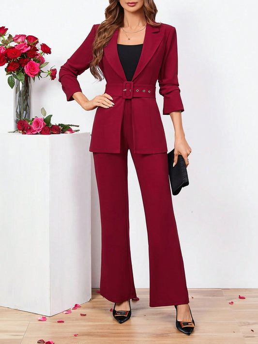 Clasi Ladies Belted Three-quarter Sleeve Suit With Pleats - WestLine Apparel