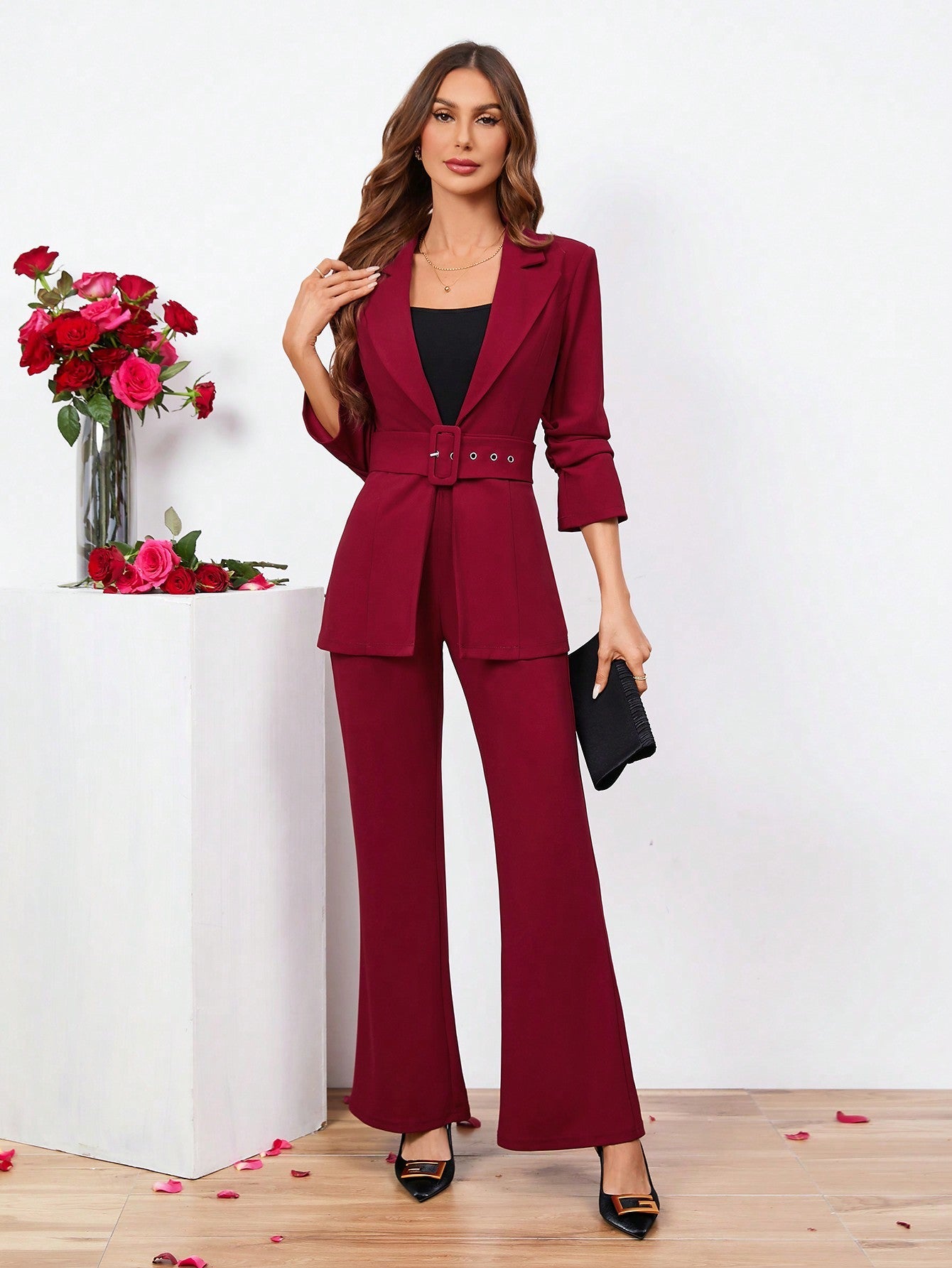 Clasi Ladies Belted Three-quarter Sleeve Suit With Pleats - WestLine Apparel