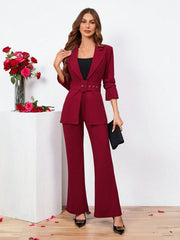 Clasi Ladies Belted Three-quarter Sleeve Suit With Pleats - WestLine Apparel