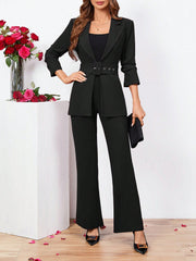 Clasi Ladies Belted Three-quarter Sleeve Suit With Pleats - WestLine Apparel