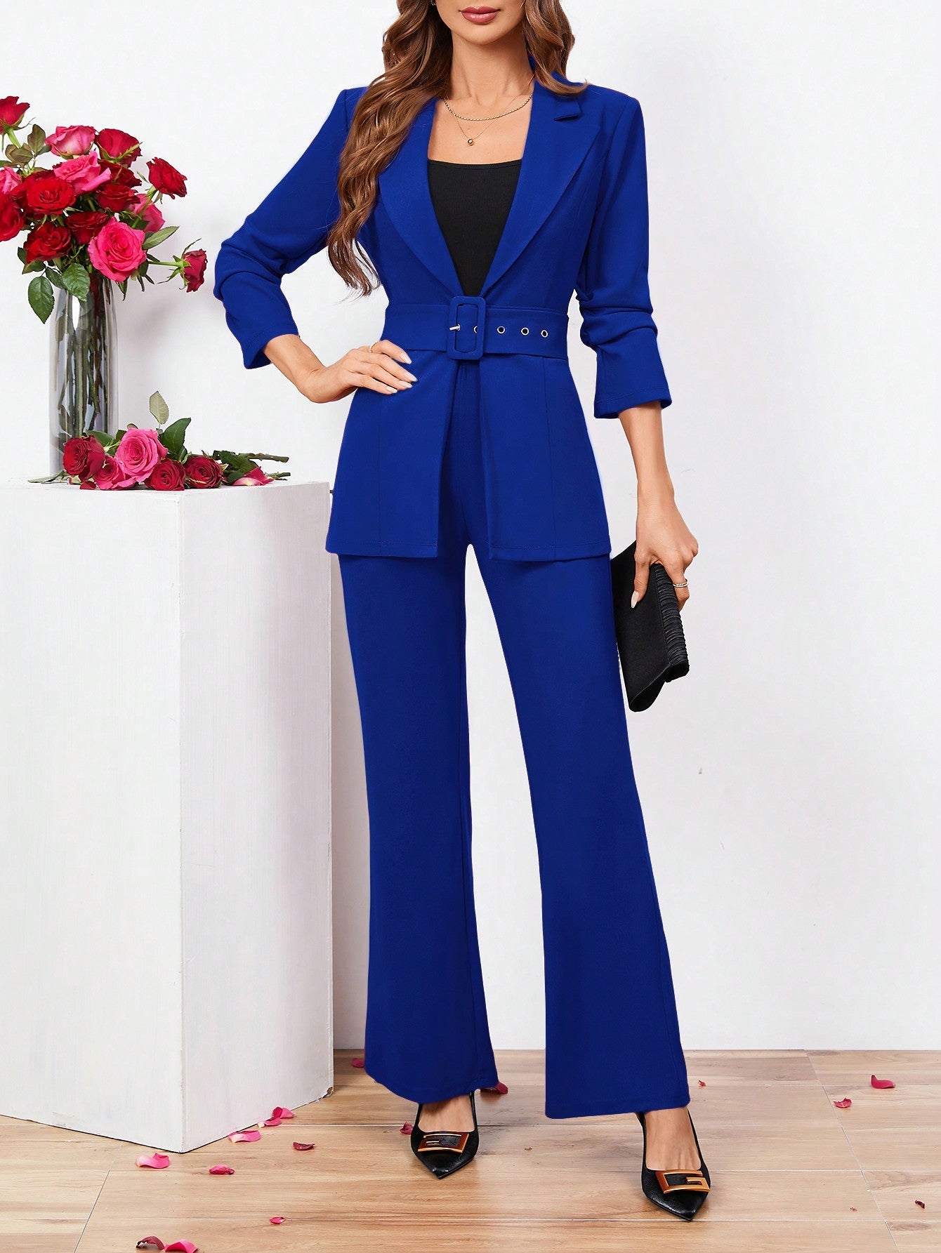 Clasi Ladies Belted Three-quarter Sleeve Suit With Pleats - WestLine Apparel
