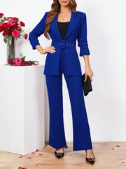 Clasi Ladies Belted Three-quarter Sleeve Suit With Pleats - WestLine Apparel