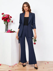 Clasi Ladies Belted Three-quarter Sleeve Suit With Pleats - WestLine Apparel