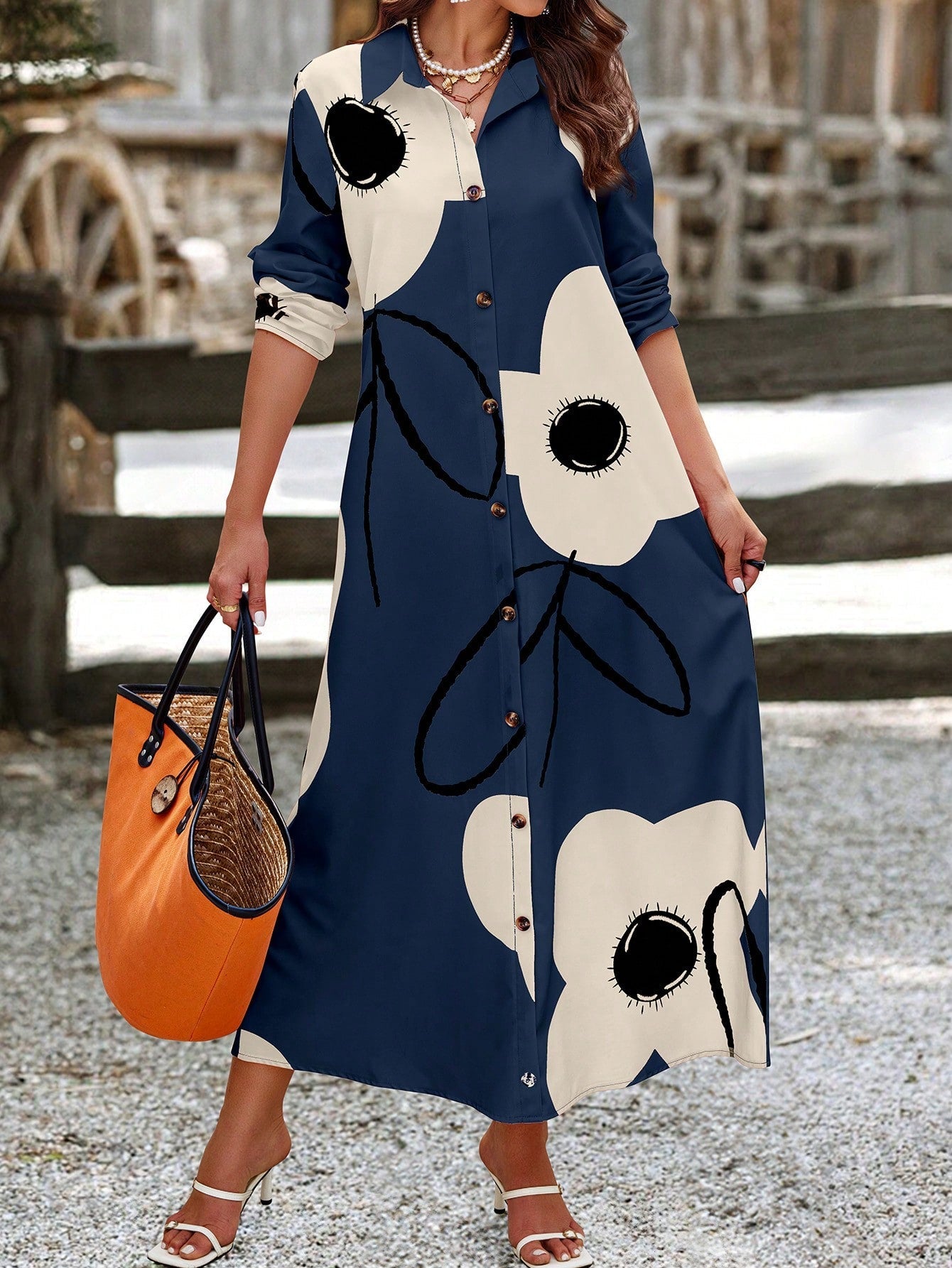 Clasi Women Long Sleeve Button Front Printed Mid-Length Casual Dress, Random Print - WestLine Apparel