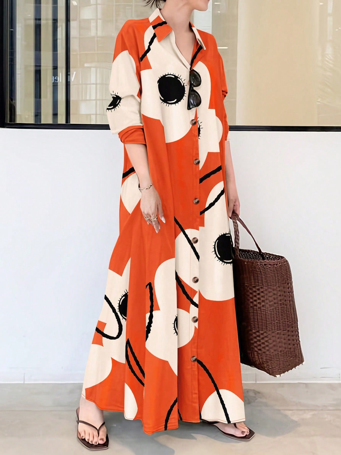 Clasi Women Long Sleeve Button Front Printed Mid-Length Casual Dress, Random Print - WestLine Apparel