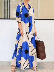 Clasi Women Long Sleeve Button Front Printed Mid-Length Casual Dress, Random Print - WestLine Apparel