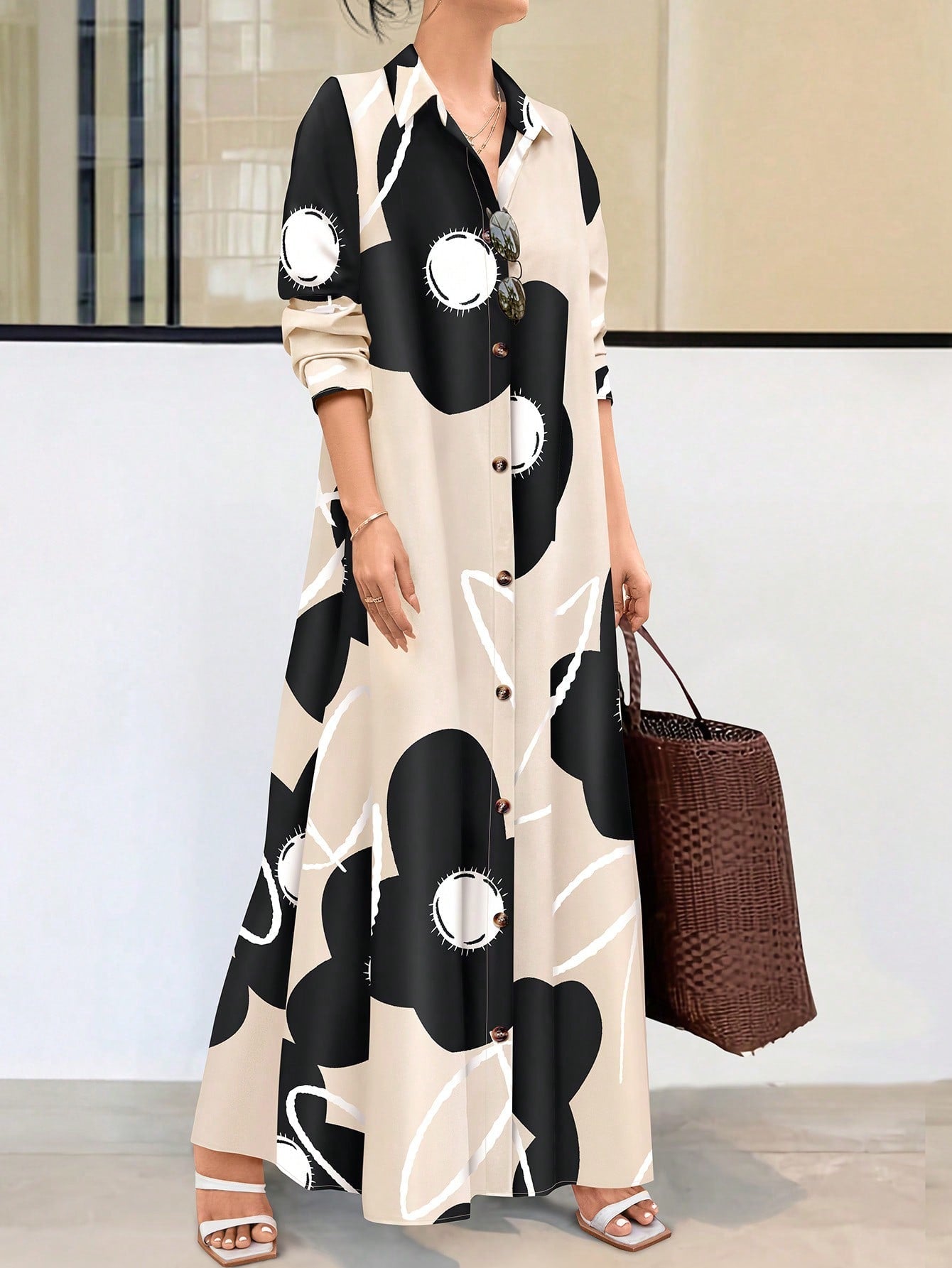 Clasi Women Long Sleeve Button Front Printed Mid-Length Casual Dress, Random Print - WestLine Apparel