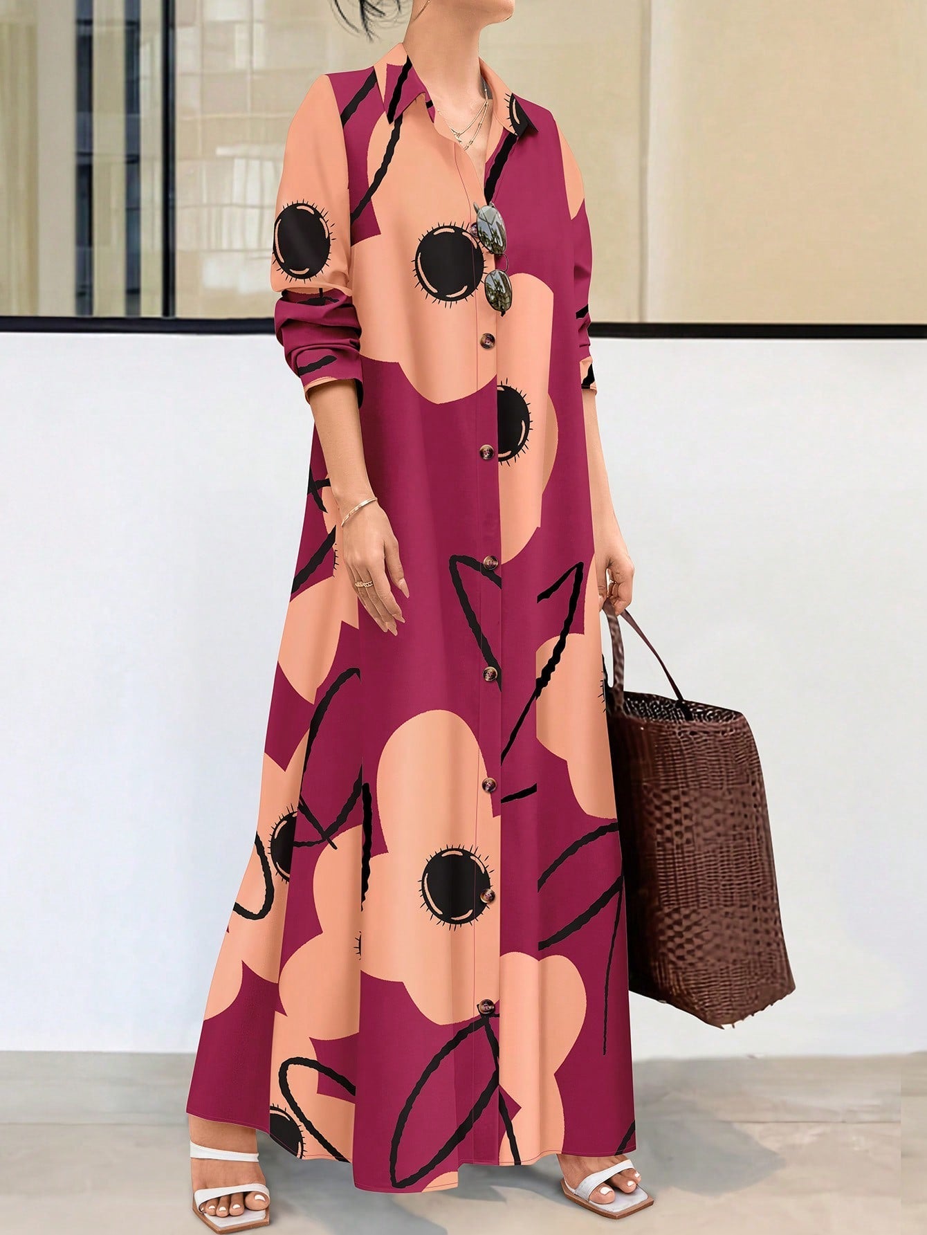 Clasi Women Long Sleeve Button Front Printed Mid-Length Casual Dress, Random Print - WestLine Apparel