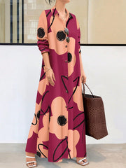 Clasi Women Long Sleeve Button Front Printed Mid-Length Casual Dress, Random Print - WestLine Apparel