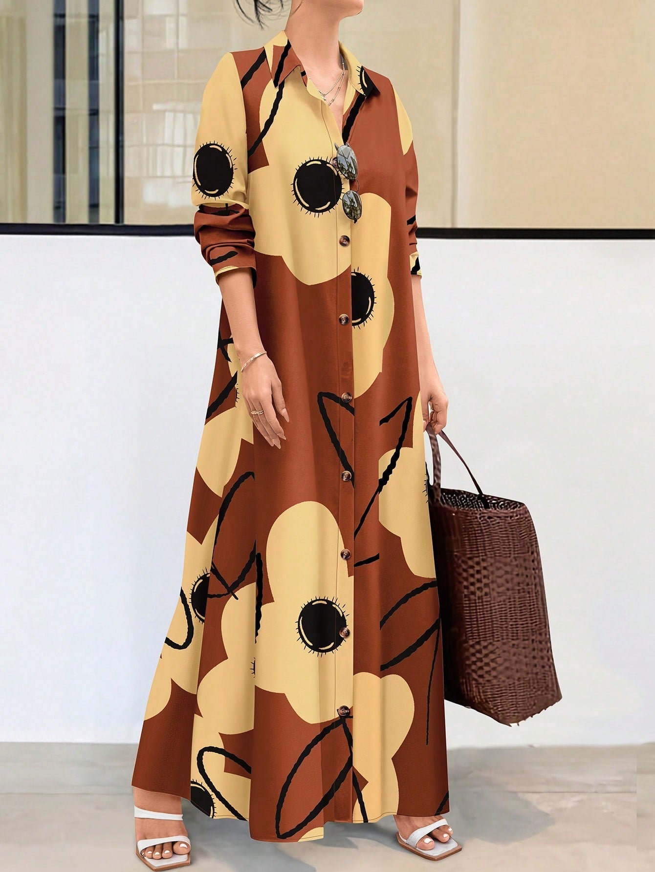 Clasi Women Long Sleeve Button Front Printed Mid-Length Casual Dress, Random Print - WestLine Apparel