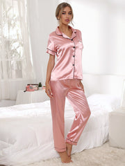 Contrast Binding Button Front Satin Pajama Set - WestLine Apparel