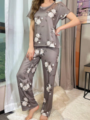 Contrast Color Floral Printed Short Sleeve Long Pant Pajama Set - WestLine Apparel
