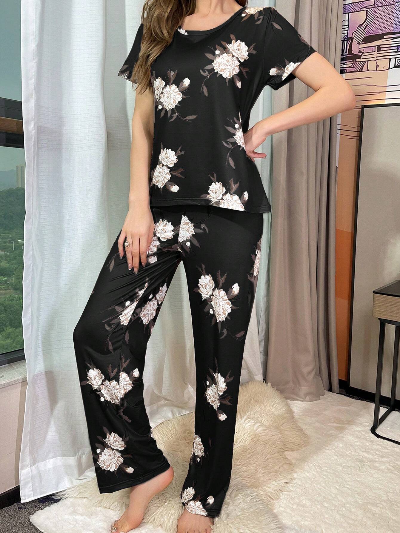 Contrast Color Floral Printed Short Sleeve Long Pant Pajama Set - WestLine Apparel