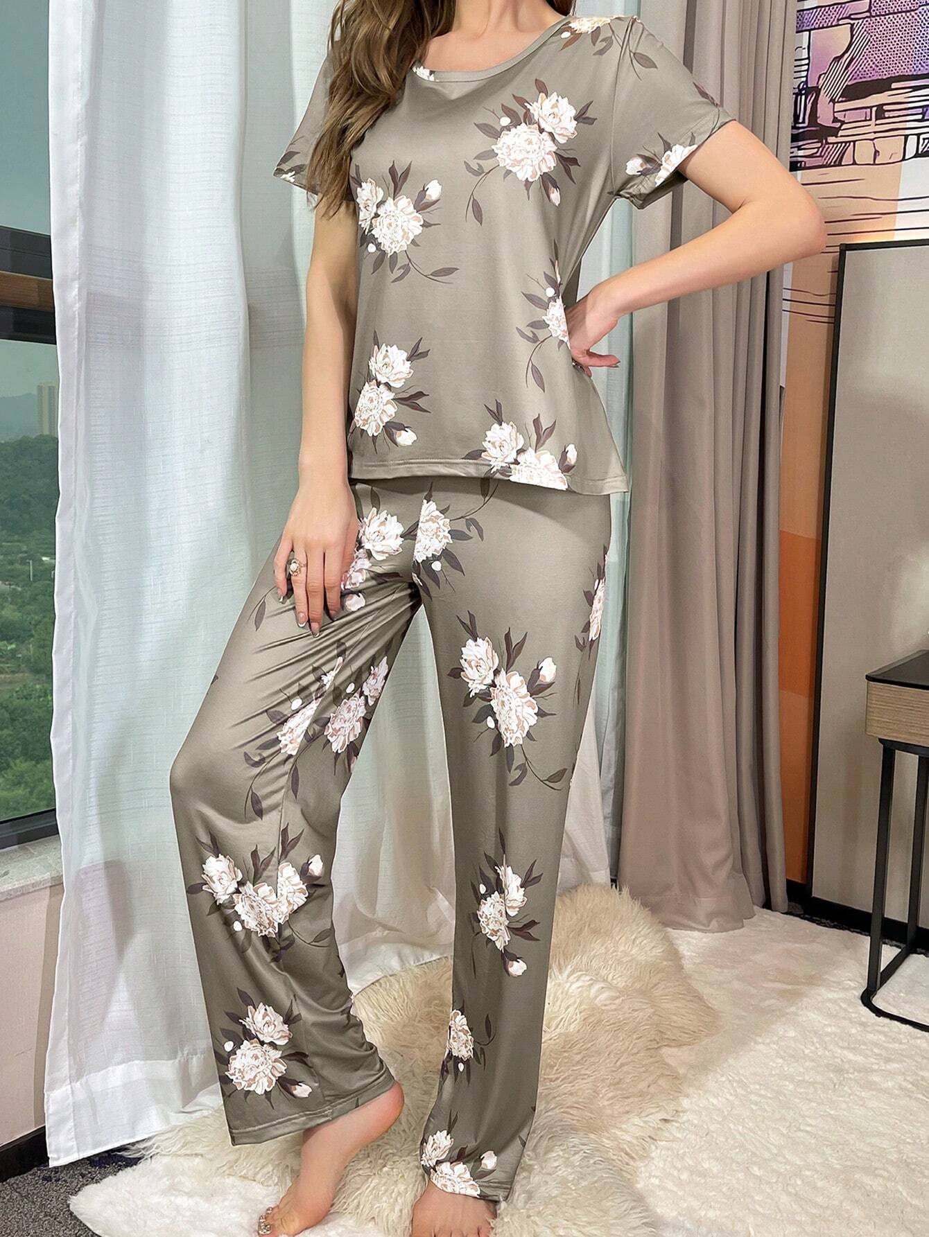 Contrast Color Floral Printed Short Sleeve Long Pant Pajama Set - WestLine Apparel